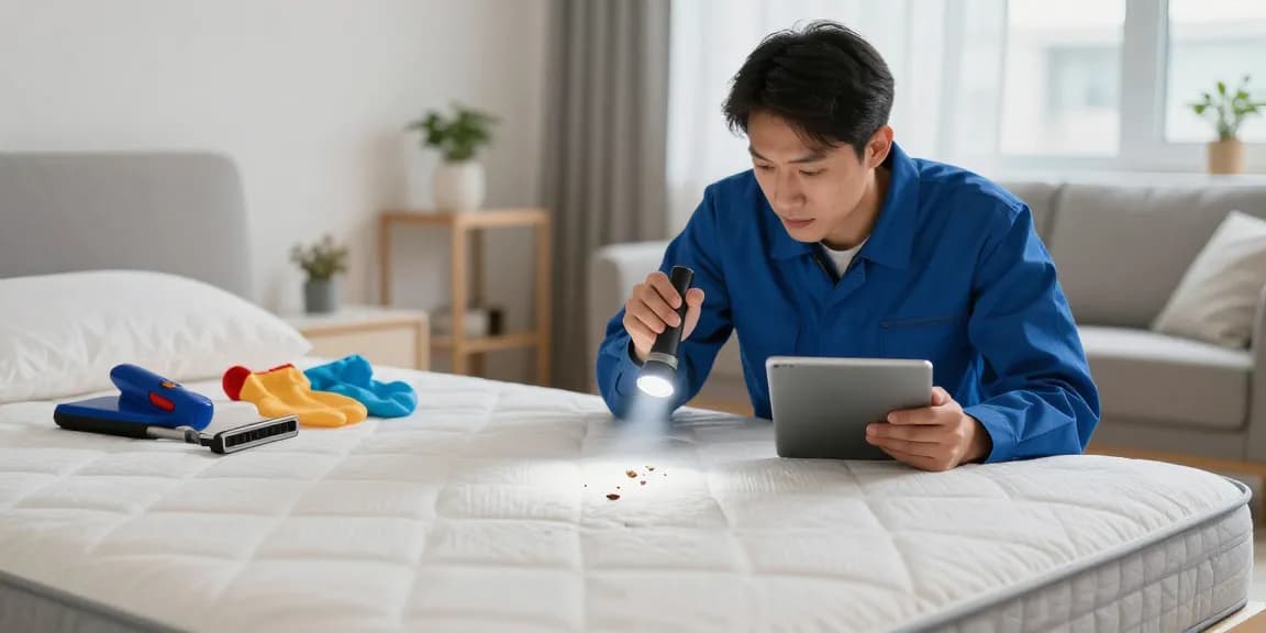 Bed bug pest control expert inspecting a mattress in a modern apartment during discreet treatment service.