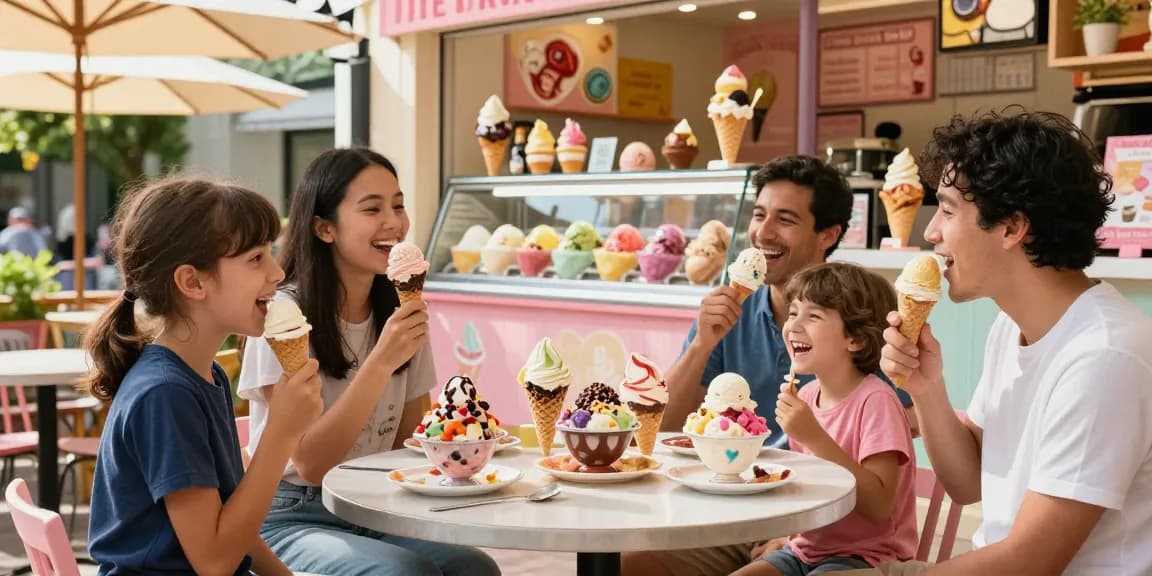 Delightful family enjoying creative ice cream flavors at rokok88 shop, showcasing vibrant atmosphere.