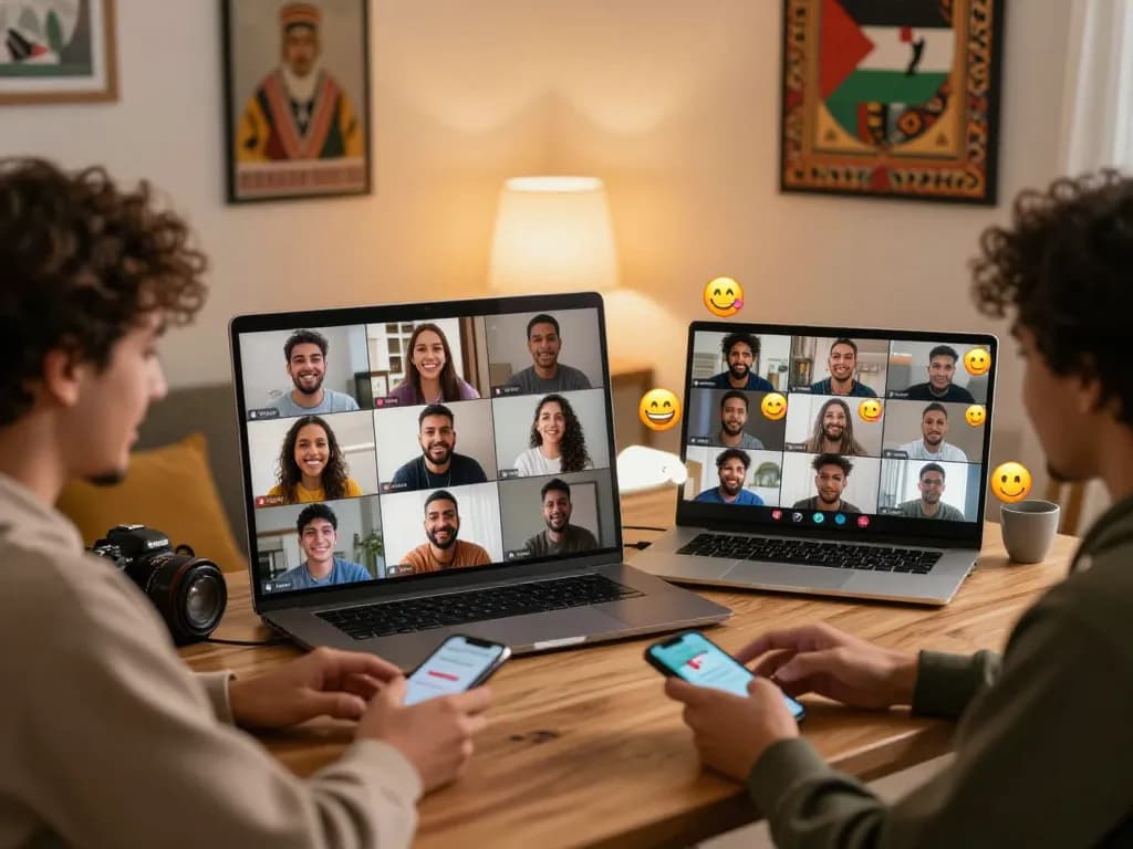 Diverse friends enjoying دردشة فلسطين on their devices in a warm, inviting atmosphere.
