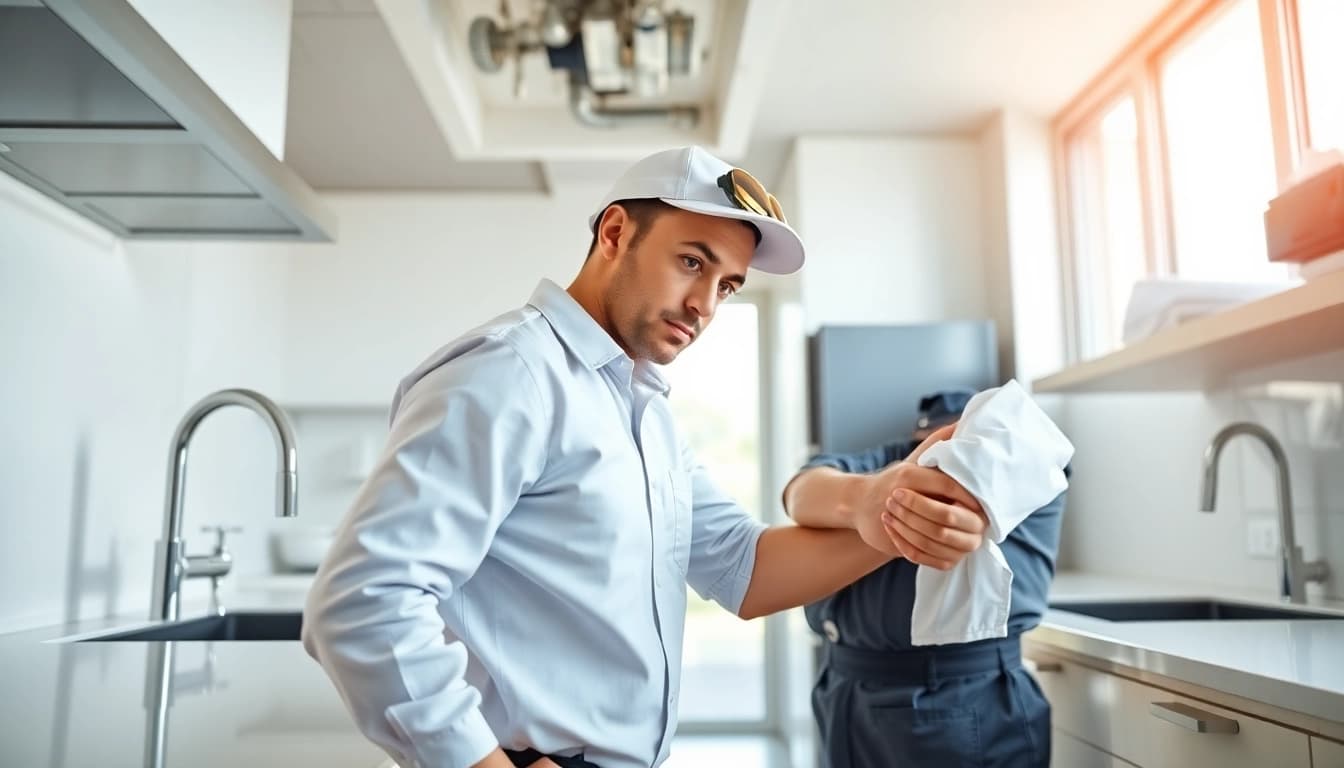 Qualified plumber near me assessing pipes for quality service in a modern kitchen.