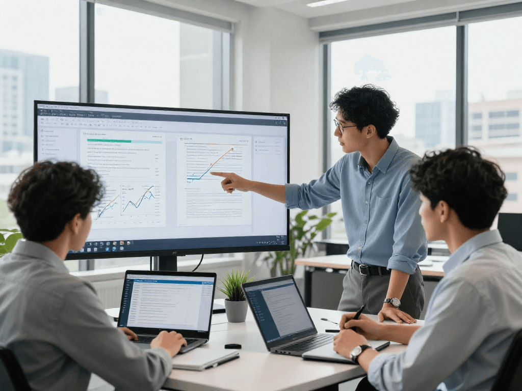 Team collaborating on document fraud detection analysis in a professional office, showcasing modern technology and teamwork.