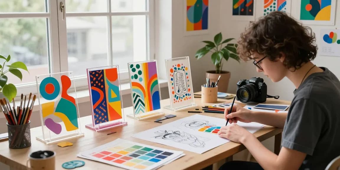 Custom acrylic stand designs displayed in an artist studio, showcasing creativity and craftsmanship.