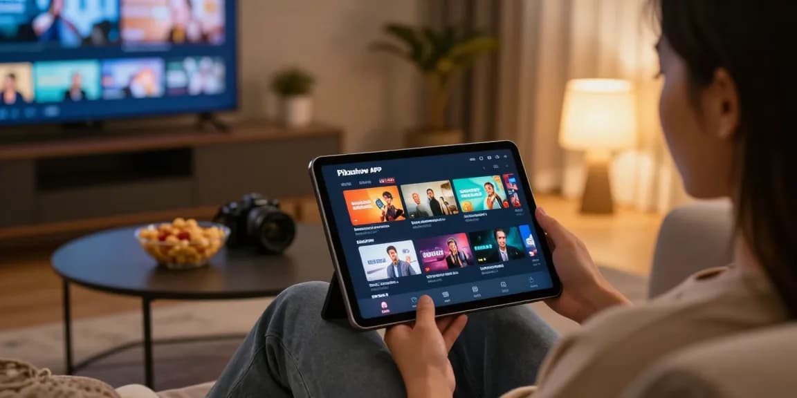 Pikashow APK interface on a tablet showcasing movies and live TV in a cozy home setting.