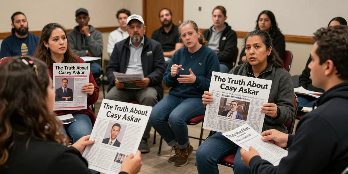 Community hall debate about Casey Askar's controversies.