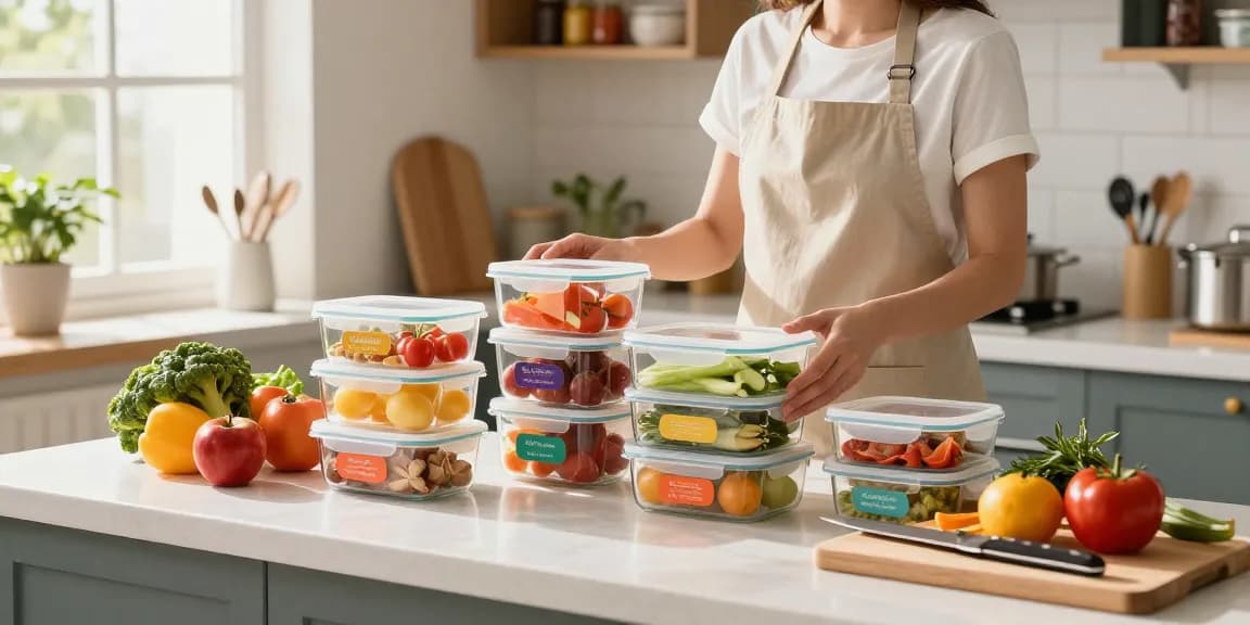 Organized kitchen with food storage containers, fresh produce, and a bright countertop.