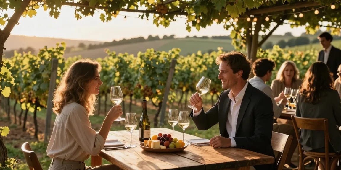 Enjoying Chatoo wine at a romantic vineyard tasting event surrounded by lush greenery.