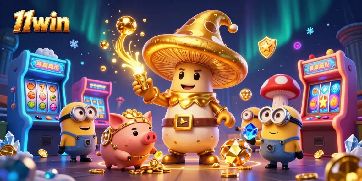 Engage with 11win's magical golden casino world featuring vibrant game elements and characters.