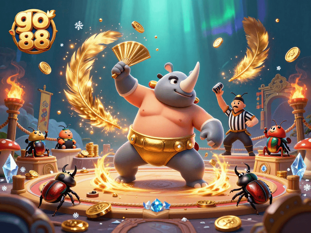 Experience the thrill of go 88 with a 3D cartoon beetle sumo match surrounded by gold coins and a stylish arena.