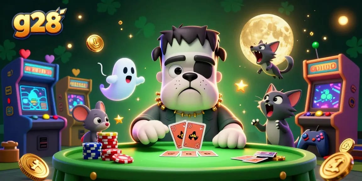 g28 showcases a lively poker scene featuring colorful characters and casino elements, enhancing gaming fun.
