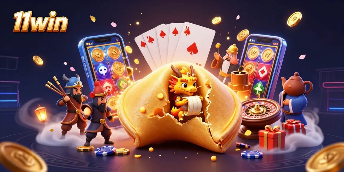 Engage with thrilling 11win slots as a wise dragon unveils fortunes from a golden cookie.