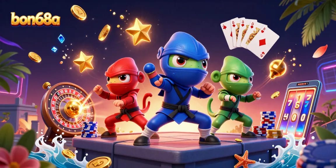 Experience thrilling gameplay with bon68a featuring ninja chameleons, golden coins, and roulette wheel action.