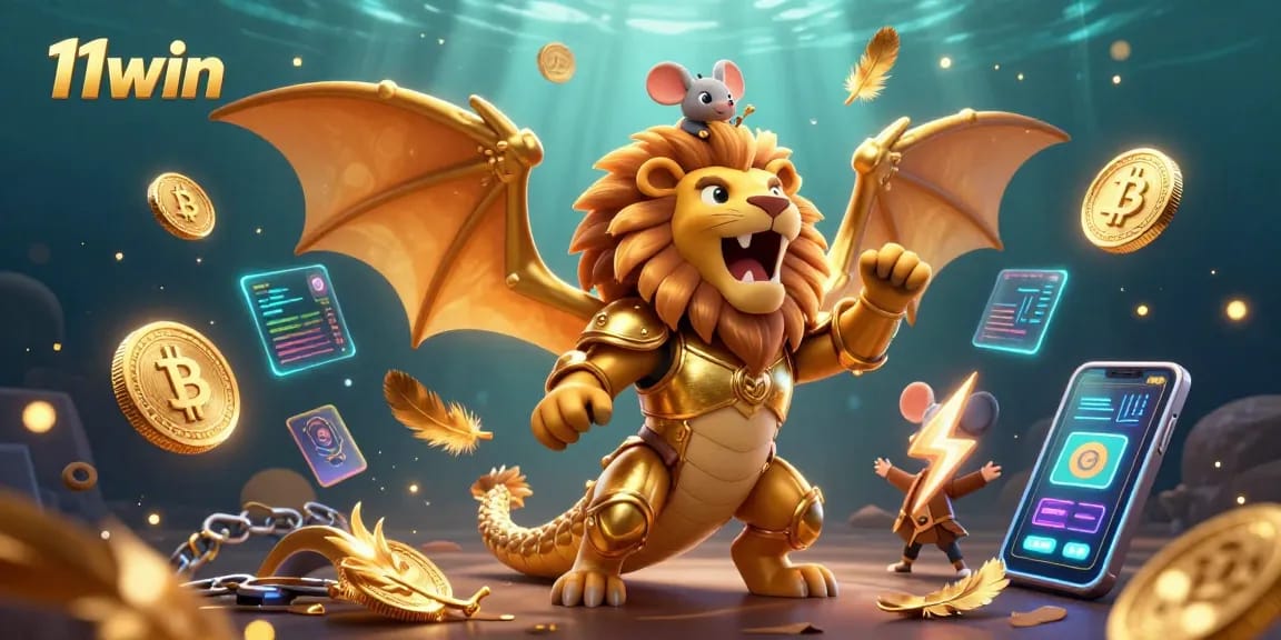 Experience the excitement of 11win with a vibrant 3D casino scene showcasing a golden chimera and crypto elements.