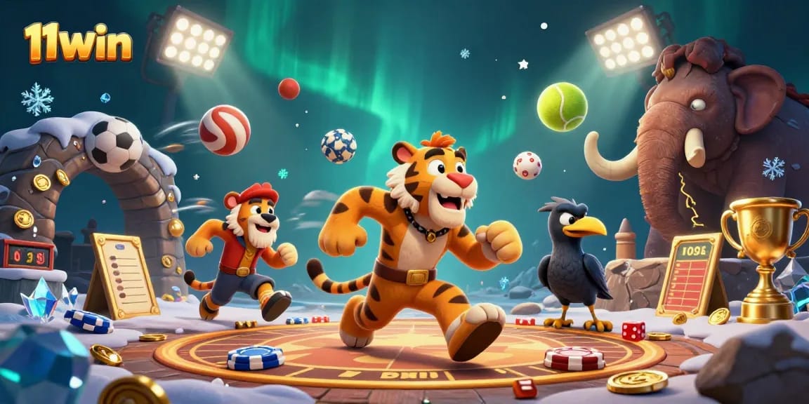 Bet and win big with 11win in a dynamic prehistoric casino scene featuring playful elements.