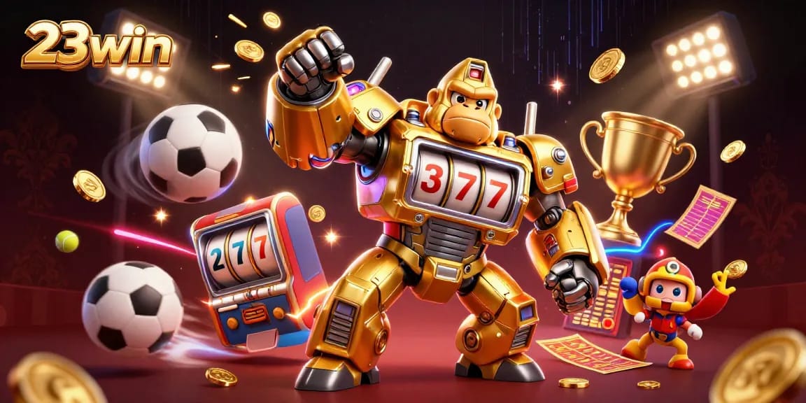 Engage with the excitement of 23win as a golden gorilla mech showcases thrilling slot features and sports action.