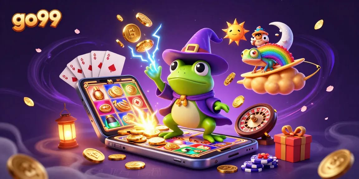 Engage with go99 as a weather wizard frog amidst golden coins and vibrant casino elements.