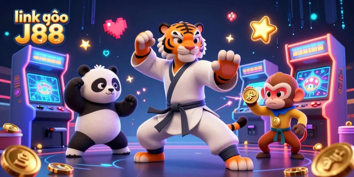 Engage with exciting casino games through the vibrant link vào J88 gaming experience featuring playful characters.