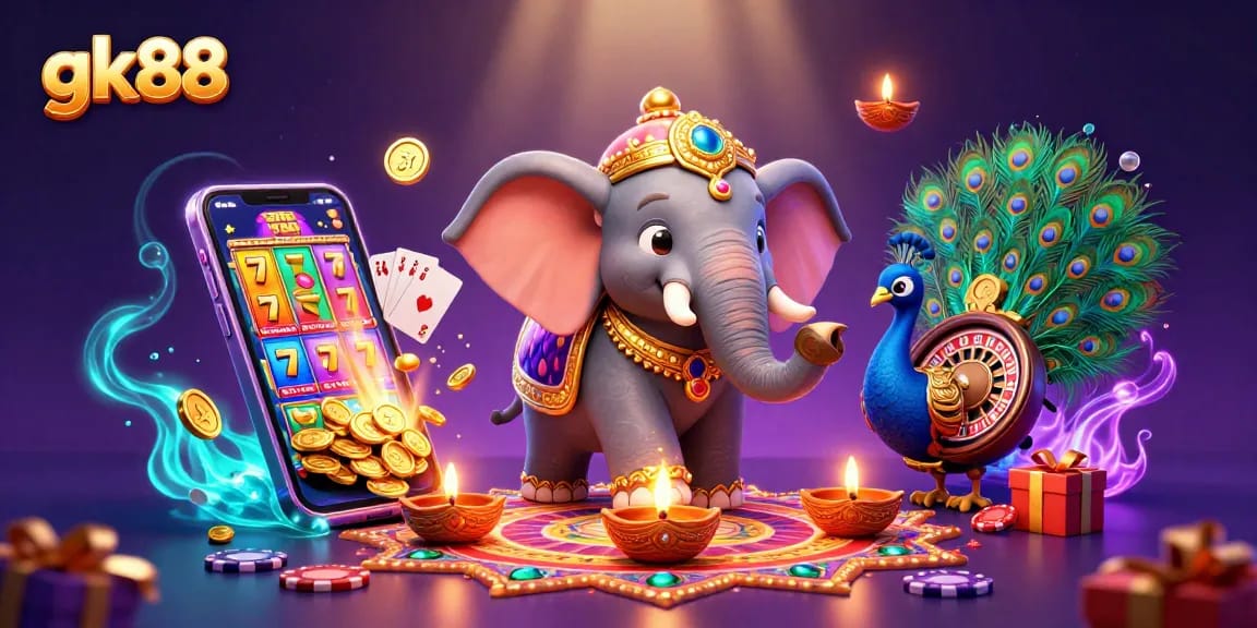 Engaging gk88 casino scene with vibrant elephants, peacocks, and exciting slot games.