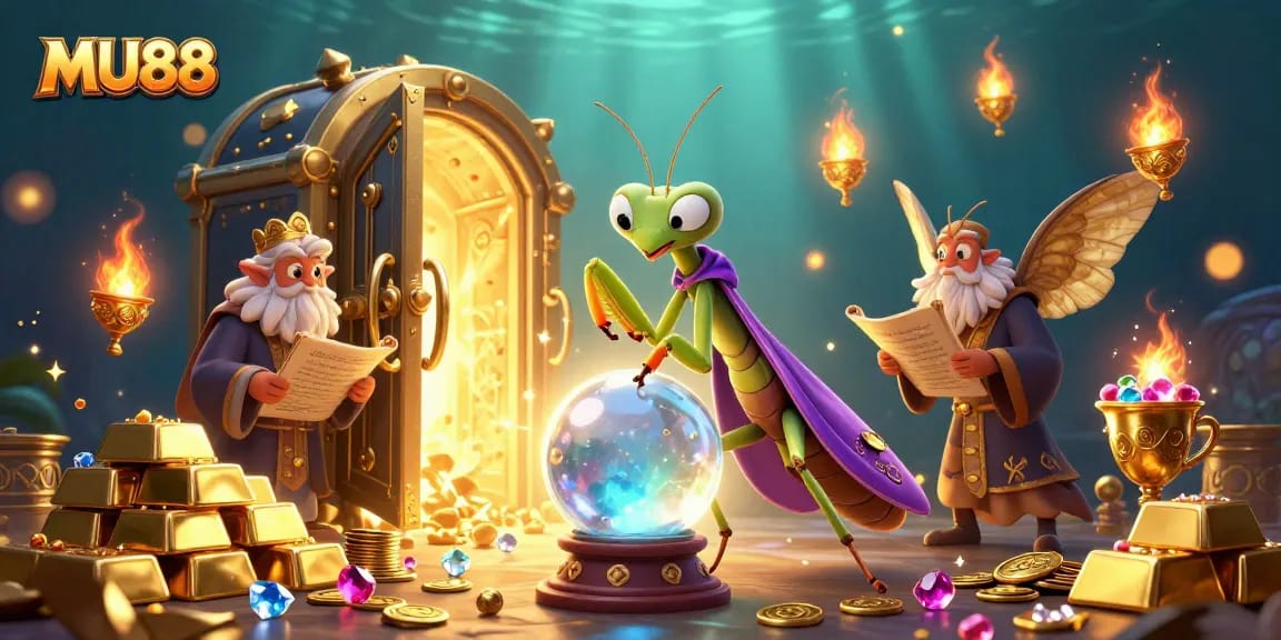 Engage in thrilling online gaming action with MU88's vibrant 3D illustration featuring fortune tellers and treasures.