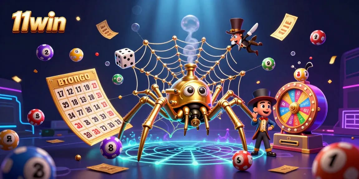 Engage with 11win's vibrant gambling scene showcasing a steampunk spider and dynamic lottery elements.