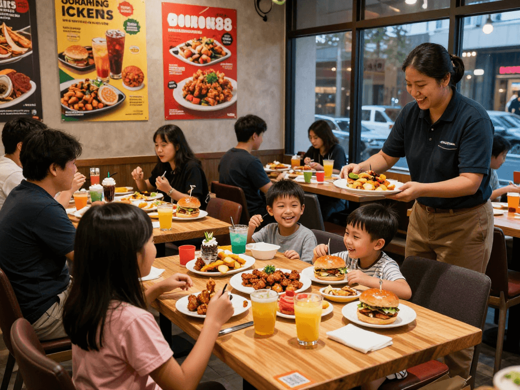 Families enjoying meals at ROKOK88 restaurant, showcasing vibrant atmosphere and favorite dishes.