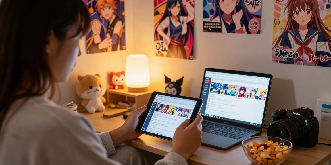 Gamer immersed in hentaigames on a tablet in a cozy bedroom.