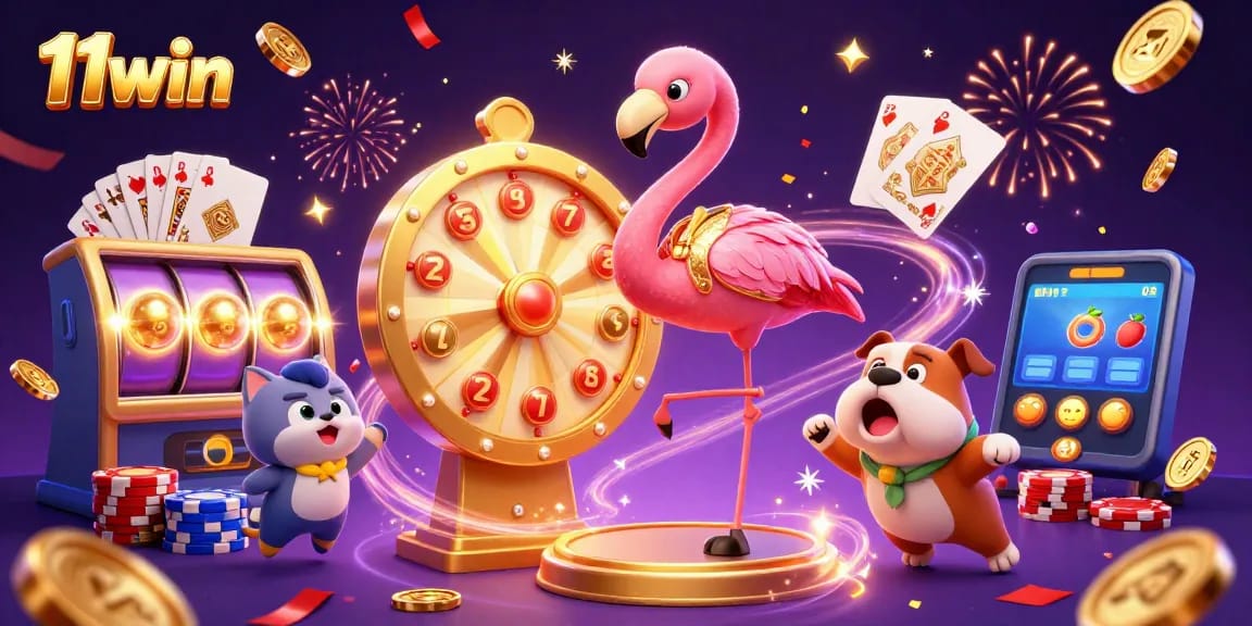 Spin to win at 11win with a game show host flamingo and casino excitement!