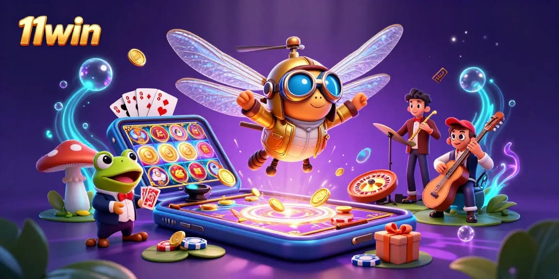 11win showcases a vibrant casino scene with a dragonfly pilot and frog croupier amidst thrilling gambling action.