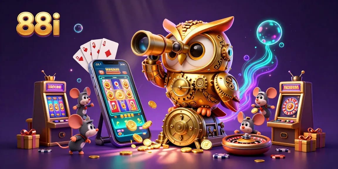 Spin to win with 88i's vibrant casino scene, featuring games and golden coins galore.