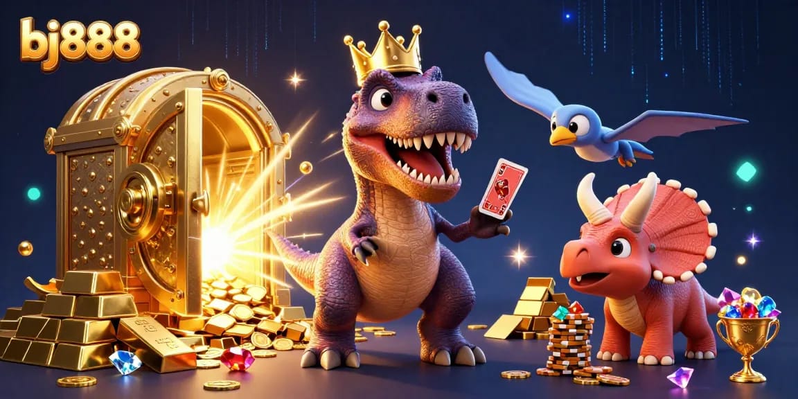 Engage with bj888 as a friendly T-Rex shuffles cards while treasure bursts from a vault door.