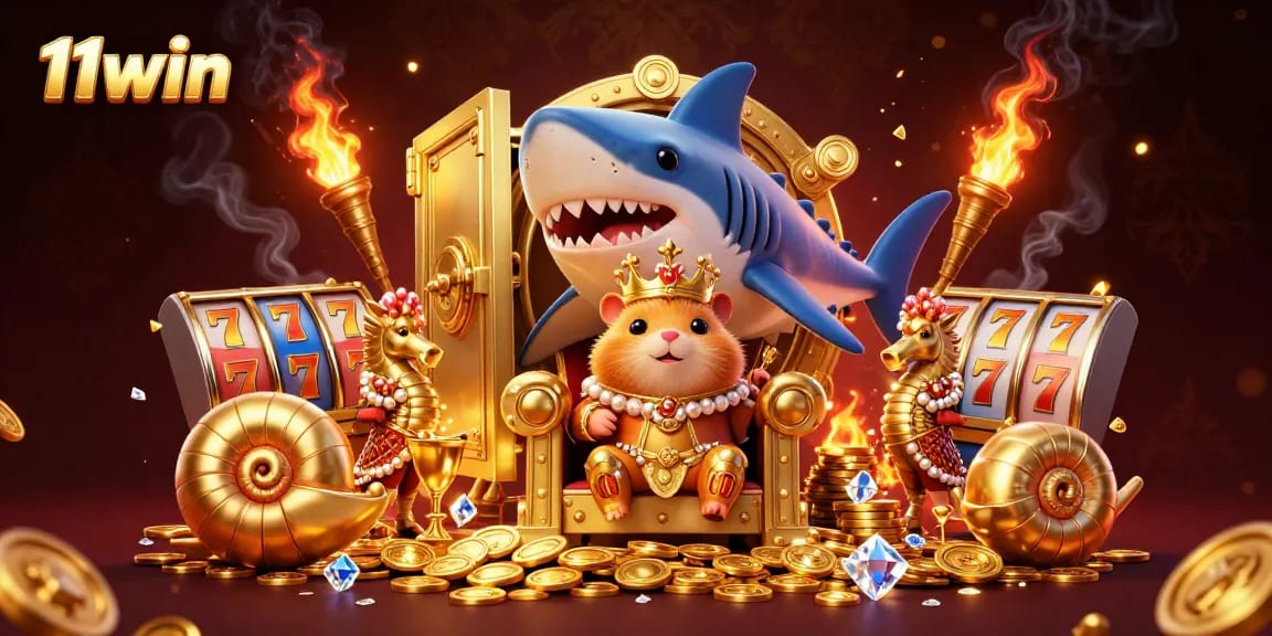 Engage with 11win's vibrant casino universe illustrated by a golden hamster king enthroned among riches.