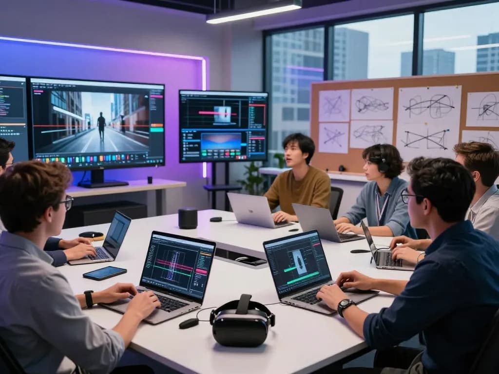 Dynamic studio scene with professionals using Kling motion ai for innovative video generation.