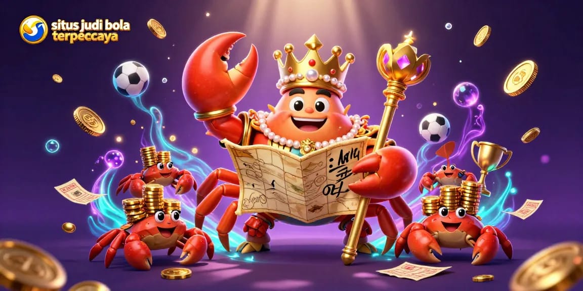 Experience situs judi bola terpercaya with a golden crab emperor and sports betting elements.