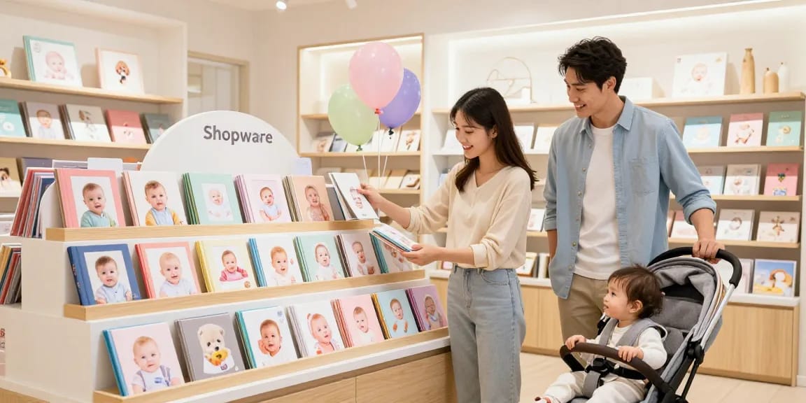 Shopware Shops showcasing a family exploring beautifully crafted baby albums and gifts in a vibrant e-commerce setting.