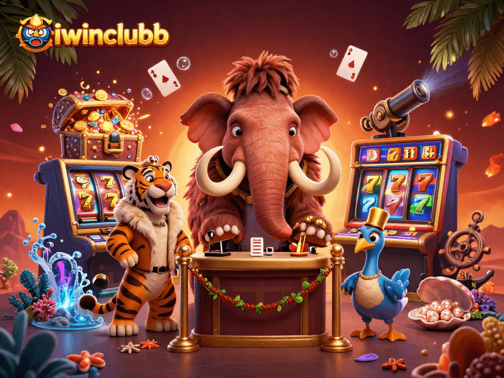Experience iwinclubb vibes with a woolly mammoth bouncer and a saber-tooth tiger VIP amidst slot reels and treasure.