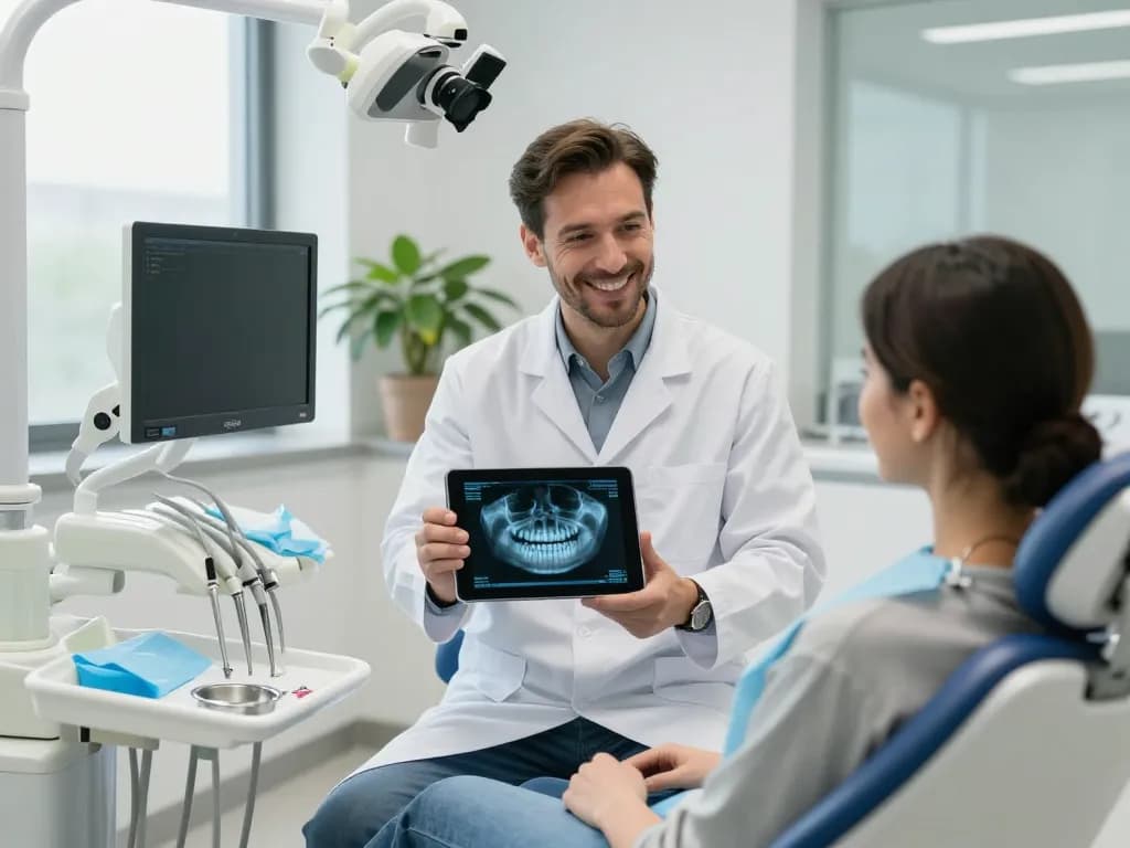 Dentist examining digital x-ray with patient in modern dental office.