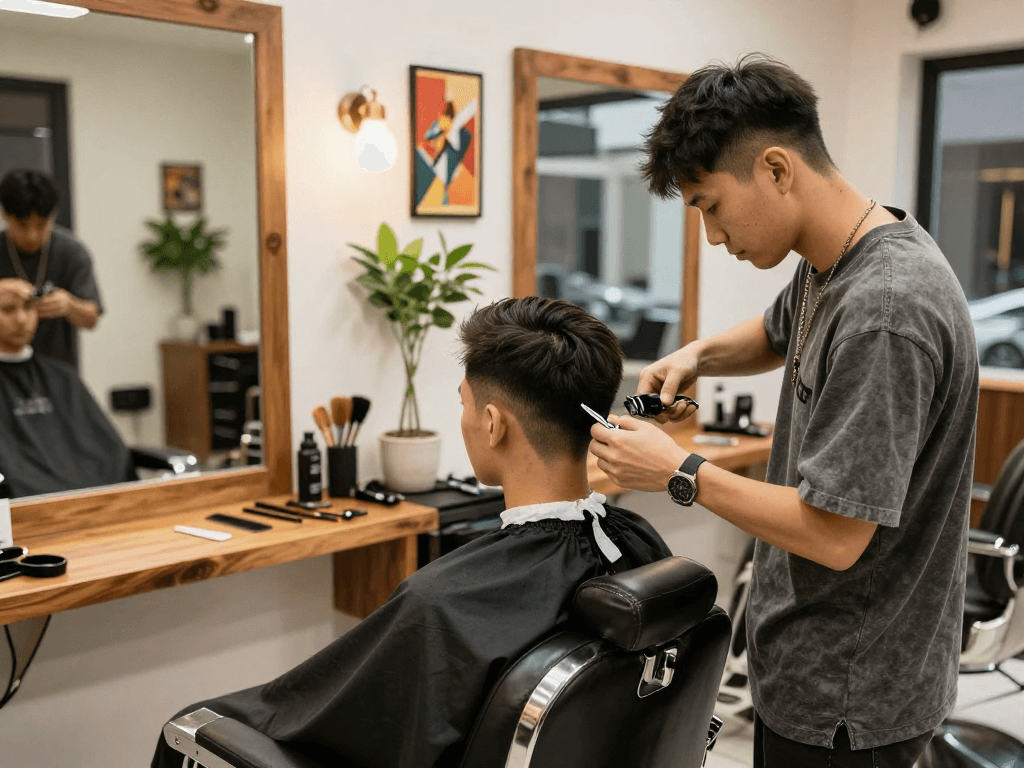 rokok88 stylish barber shop scene with professional haircut experience
