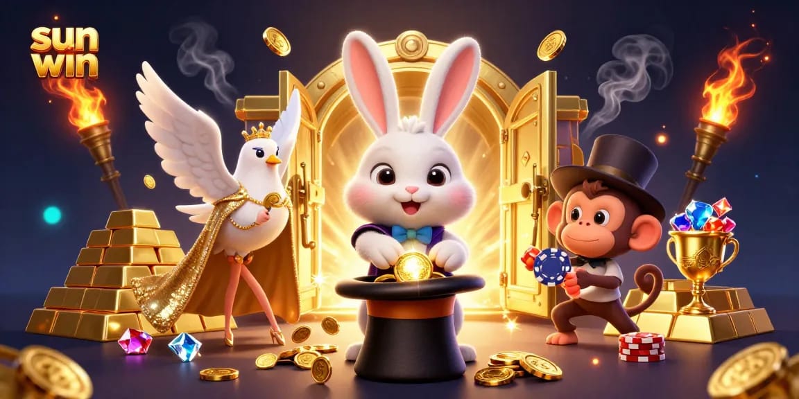 Sun win magic scene featuring a rabbit magician, a dove, and a monkey surrounded by casino treasures.