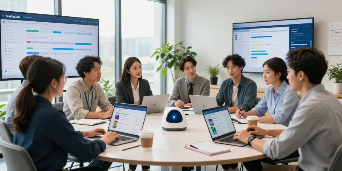 Team collaborating on a CRM for home service companies in a modern office.