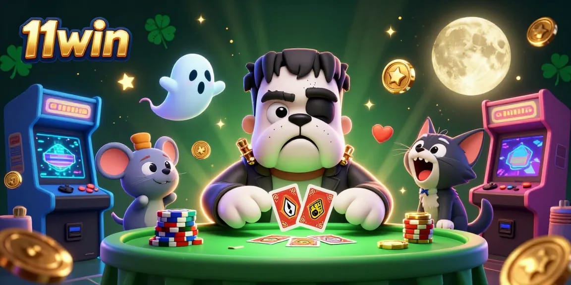 Experience the excitement of 11win with a lively card game scene featuring unique characters.
