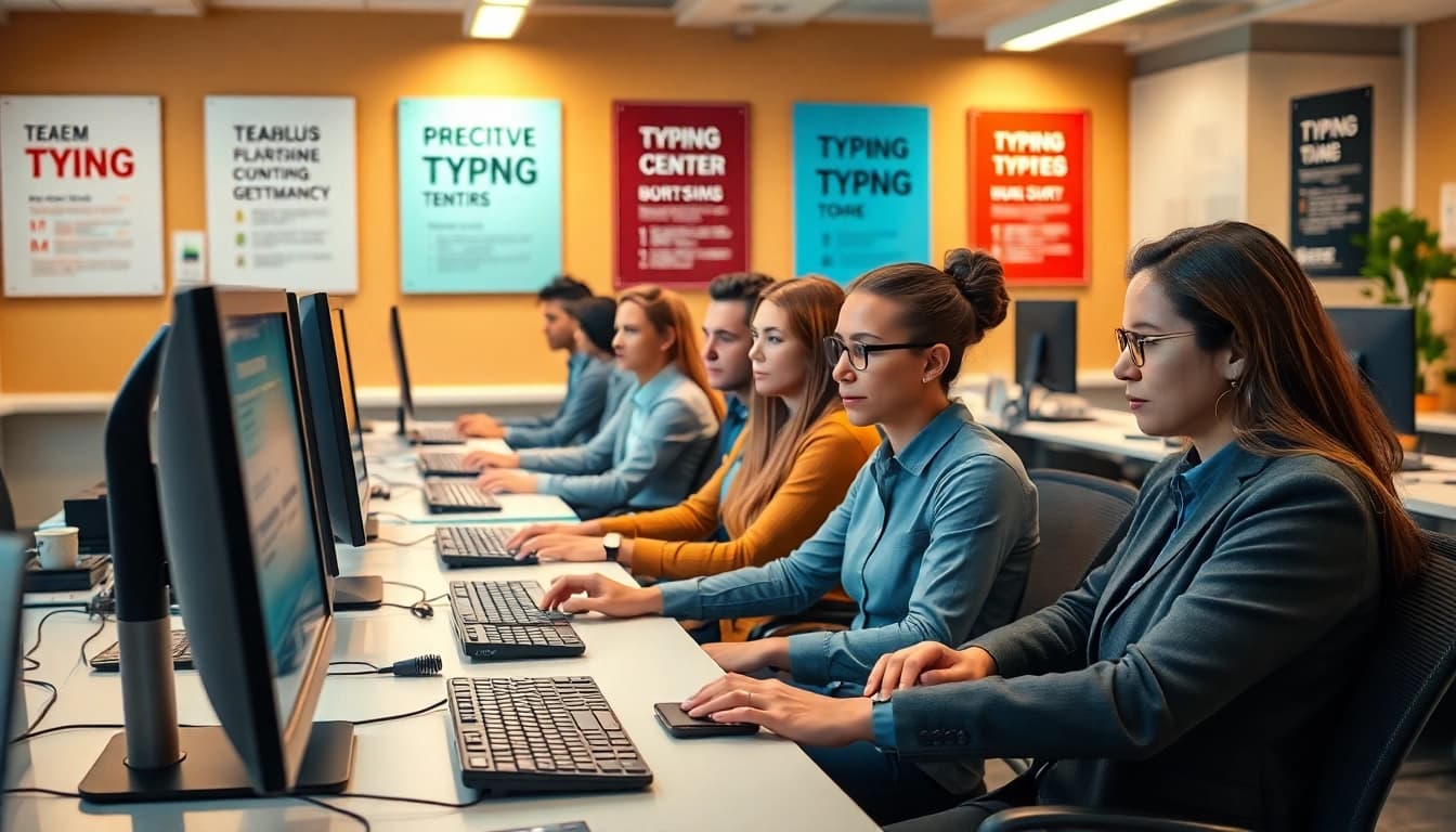 Efficient work environment at a Typing Center with focused professionals typing on computers.