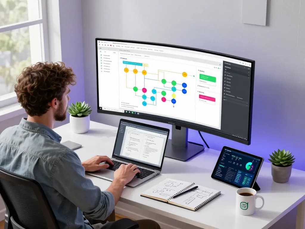 Engineer using n8n for workflow automation in a modern workspace.