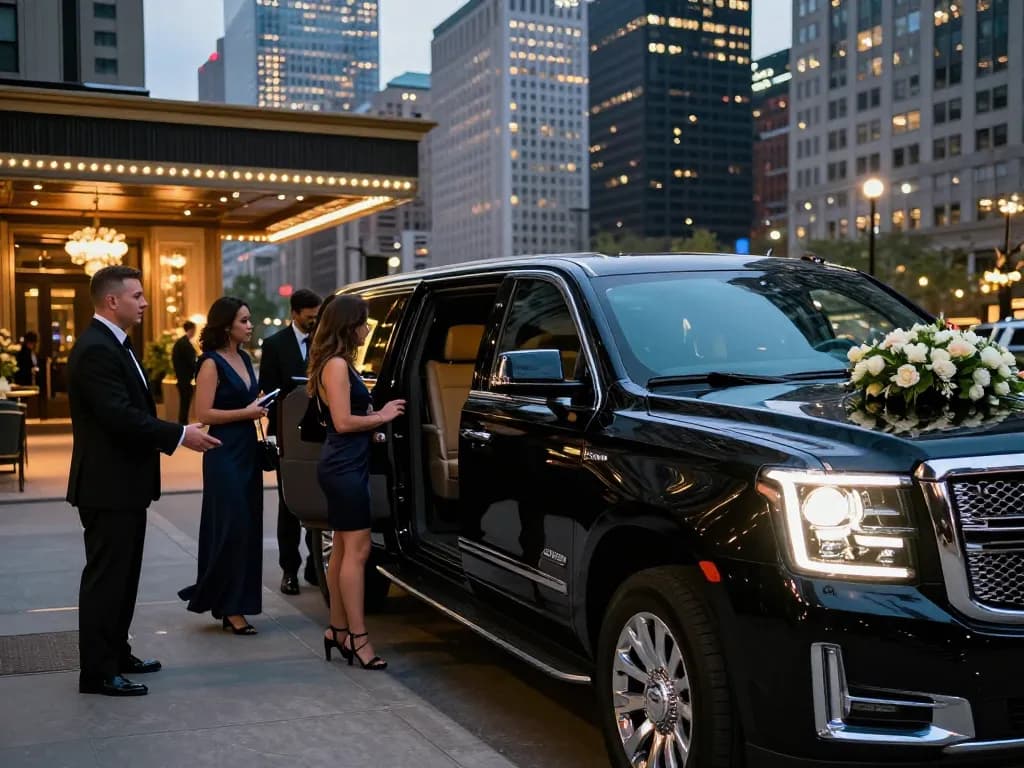 Luxury limo service in Chicago welcoming clients with elegant GMC Yukon at twilight.