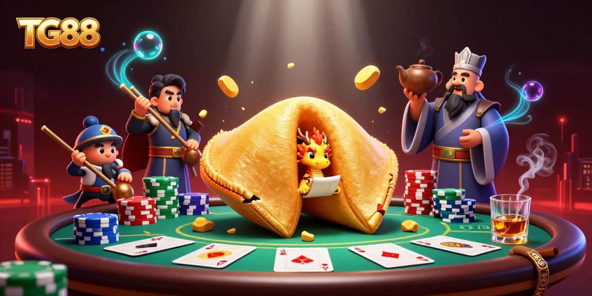 Experience the excitement of TG88 with a dynamic 3D illustration of poker tables and fortune elements.