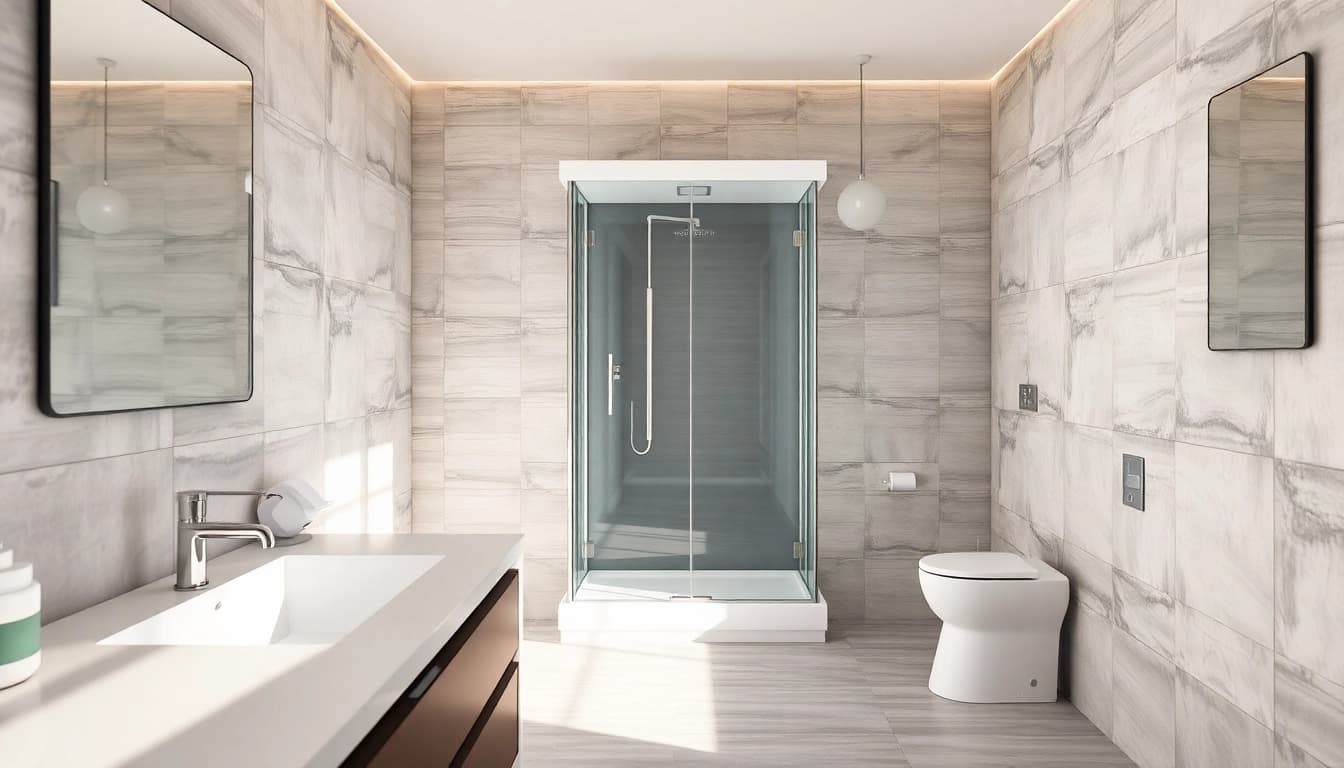 Elegante duschkabine 80x80 in modernem Badezimmer mit stilvollen Fliesen und eleganten Armaturen.