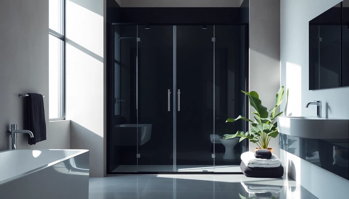 Stylish black shower door enhances modern bathroom design with sleek elegance and tranquility.