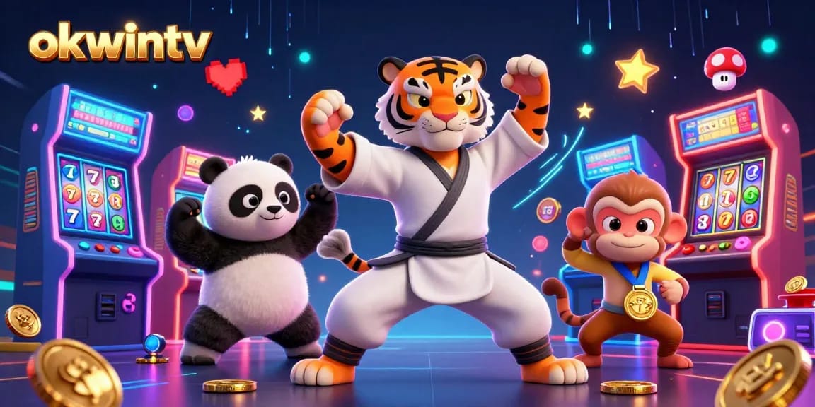 Experience thrilling gaming action with okwintv's vibrant 3D casino characters amidst colorful slot machines.
