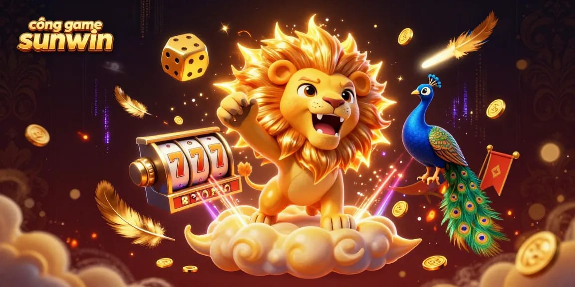 Engage with cổng game sunwin amidst a vibrant display of slot reels and golden tokens.