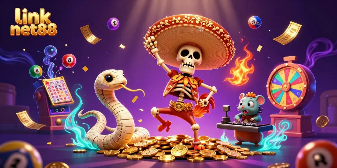 Join the excitement at link net88 with a festive scene of a mariachi rooster, mummy snake, and DJ hamster in a vibrant casino.