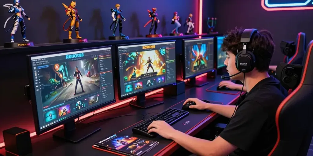 Focused player on ROKOK88 login interface at modern gaming desk with LED lighting.
