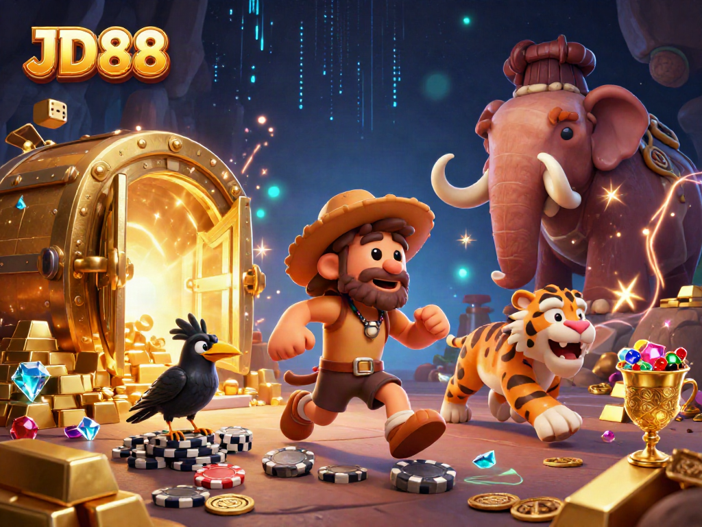 Experience the excitement of JD88's prehistoric casino with dynamic characters and treasure elements.